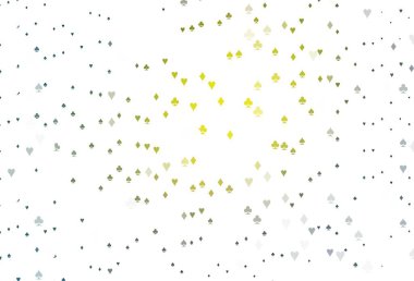Açık mavi, kumar sembolleriyle sarı vektör örtüsü. Renkli resimler, kalpler, maça, sinek, elmas. Vegas 'ta parti ilanları, etkinlikler.