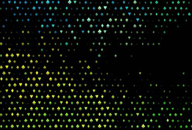 Koyu yeşil, iskambil kağıtlı sarı vektör dokusu. Renkli resimler, kalpler, maça, sinek, elmas. Kitapçıklar, kumarhanelerin broşürleri..