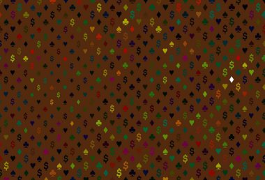 Koyu renkli, gökkuşağı vektör desenli, kart sembollü. Oyun kartlarının izole sembollerine sahip soyut çizimler. Kitapçıklar, kumarhanelerin broşürleri..