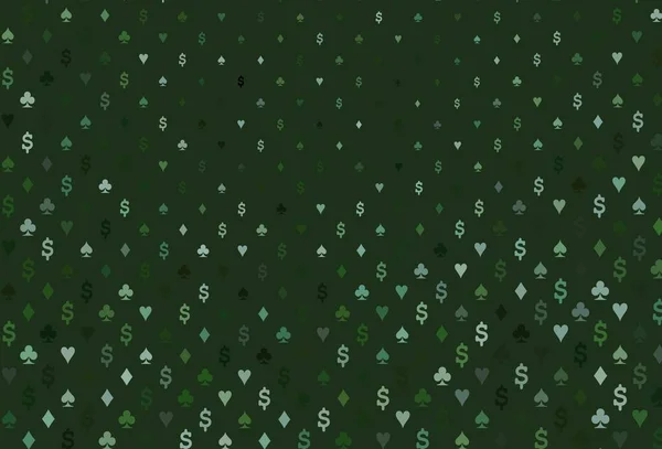 トランプでライトグリーンのベクトルテクスチャ ハート スペード クラブ ダイヤモンドの兆候とカラフルなグラデーション 小冊子や賭博場のチラシの模様 — ストックベクタ