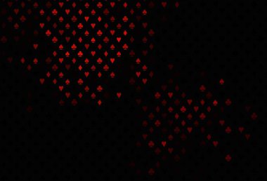 Koyu kırmızı arka plan ve kart işaretleri. Kalplerin, maça, sinek ve elmasların bulanık dekoratif tasarımı. Kumarhanelerin kartvizitleri için şablon.