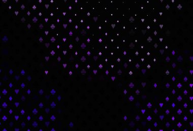 Koyu mor arka plan ve kart işaretleri. Kalplerin, maça, sinek ve elmasların bulanık dekoratif tasarımı. Reklam, poster ve kumar siteleri için tasarım.