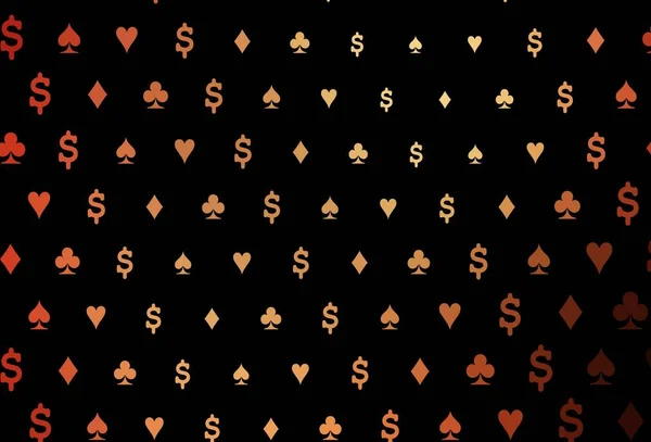 暗い赤 黄色のベクトルカバーギャンブルのシンボルです ハート スペード クラブ ダイヤモンドで輝くイラスト 小冊子や賭博場のチラシの模様 — ストックベクタ