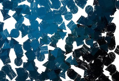 Dairelerle çokgen biçiminde koyu mavi vektör deseni. Renkli noktaları, çizgileri, küpleri olan soyut çizimler. Reklamlar için desen.