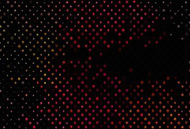 Koyu kırmızı, poker sembollü sarı vektör şablonu. Oyun kartlarının izole sembollerine sahip soyut çizimler. Poker oyunları ve etkinlikler broşürleri için desen.