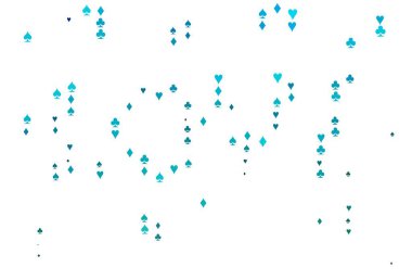 Açık mavi, kart işaretli yeşil vektör arkaplan. Kalplerin, maça, sinek ve elmasların işaretleriyle renkli bir değişim. Reklam, poster ve kumar siteleri için tasarım.