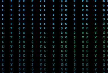 Koyu mavi, bankacılık sembollü yeşil vektör düzeni. Dolar, USD, beyaz şablondaki ABD işaretleri. Reklamınız, posteriniz, afişiniz için en iyi tasarım..