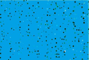 Açık mavi, çizgileri, daireleri ve eşkenarı olan yeşil vektör arkaplanı. Küreler, kareler ve çizgilerle soyut çizimler. Duvar kağıtları için şablon.