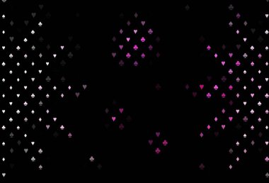 Kart sembollü koyu pembe vektör deseni. Kupa, maça, sinek ve elmasların olduğu bir resim. Kumarhanelerin kartvizitleri için şablon.