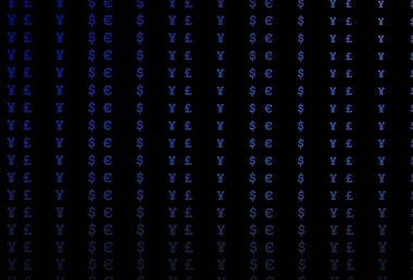 EUR, USD, GBP, JPY ile koyu mavi vektör kapağı. Dolar, USD, beyaz şablondaki ABD işaretleri. Kalıp reklam, poster ve ödemeler için pankart olarak kullanılabilir.