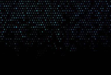 Kart işaretli koyu mavi vektör arkaplan. Kalplerin, maça, sinek ve elmasların işaretleriyle renkli bir değişim. Kumarhanelerin kartvizitleri için şablon.