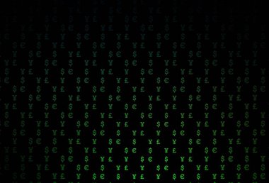 EUR, USD, GBP, JPY ile koyu yeşil vektör şablonu. Beyaz arka planda tüm para birimlerinin renkli sembolleri. Kalıp reklam, poster ve ödemeler için pankart olarak kullanılabilir.