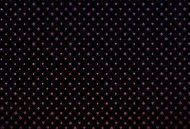 Kumarın sembolleriyle kaplanmış koyu pembe vektör. Kalplerin, maça, sinek ve elmasların işaretleriyle renkli bir değişim. Kumarhanelerin kartvizitleri için şablon.