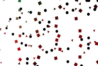 Açık yeşil, üçgenli, daireli, küplü kırmızı vektör arkaplan. Renkli daireler, üçgenler, dikdörtgenler. İniş sayfası için modern şablon.