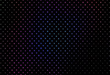 Koyu pembe, mavi vektör düzeni ve kart elemanları. Kalplerle, maça, sinek ve elmaslarla parlayan illüstrasyon. Vegas 'ta parti ilanları, etkinlikler.