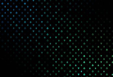 Koyu mavi, kart işaretli yeşil vektör arkaplan. Renkli resimler, kalpler, maça, sinek, elmas. Reklam, poster ve kumar siteleri için tasarım.