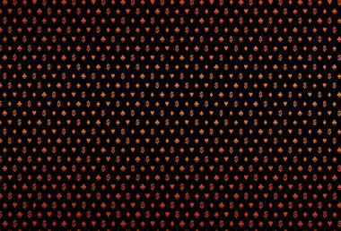 Koyu turuncu vektör arkaplanı ve kart işaretleri. Oyun kartlarının izole sembollerine sahip soyut çizimler. Reklam, poster ve kumar siteleri için tasarım.