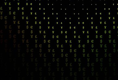 Koyu yeşil, finansal sembollü sarı vektör dokusu. Beyaz arka planda tüm para birimlerinin renkli sembolleri. Kalıp reklam, poster ve ödemeler için pankart olarak kullanılabilir.