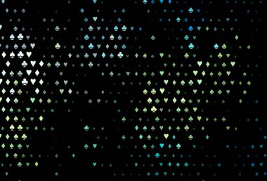 Kumarın sembolleriyle koyu mavi, sarı vektör örtüsü. Renkli resimler, kalpler, maça, sinek, elmas. Poker oyunları ve etkinlikler broşürleri için desen.