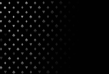Koyu Gümüş, kumar sembolleriyle gri vektör örtüsü. Kalplerle, maça, sinek ve elmaslarla parlayan illüstrasyon. Poker oyunları ve etkinlikler broşürleri için desen.