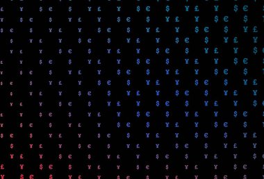 Koyu mavi, kırmızı vektör desenli EUR, USD, GBP, JPY. Para sembollü modern soyut illüstrasyon. Piyasa reklamları, krediler için şablon.