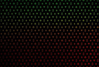 Koyu yeşil, iskambil kağıtlarıyla kırmızı vektör dokusu. Kupa, maça, sinek ve elmasların olduğu bir resim. Kumarhane reklamınız için akıllı tasarım.