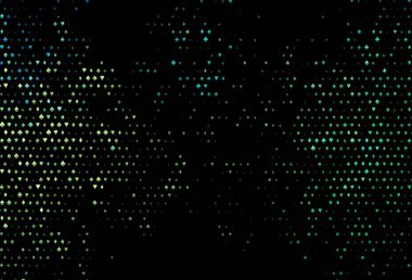 Koyu yeşil, kart işaretli sarı vektör arkaplan. Oyun kartlarının izole sembollerine sahip soyut çizimler. Kumarhanelerin kartvizitleri için şablon.