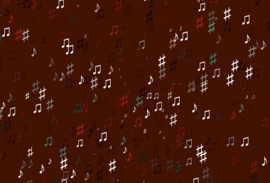 Müzik sembollü açık kırmızı vektör arkaplanı. Soyut tarzda dekoratif tasarım ve müzik şekilleri. Fasion dergileri için şablon.