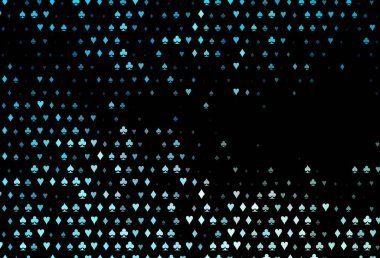 Kart elementli koyu mavi vektör düzeni. Kalplerle, maça, sinek ve elmaslarla parlayan illüstrasyon. Vegas 'ta parti ilanları, etkinlikler.