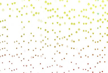 Açık yeşil, kırmızı vektör düzeni ve kart elemanları. Oyun kartlarının izole sembollerine sahip soyut çizimler. Poker oyunları ve etkinlikler broşürleri için desen.