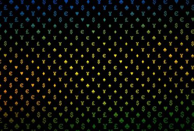 Koyu Çokrenkli, poker sembollü Gökkuşağı vektör şablonu. Kalplerle, maça, sinek ve elmaslarla parlayan illüstrasyon. Poker oyunları ve etkinlikler broşürleri için desen.