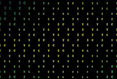 Koyu yeşil, sarı vektör desenli EUR, USD, GBP, JPY. Para sembollü modern soyut illüstrasyon. Kalıp reklam, poster ve ödemeler için pankart olarak kullanılabilir.