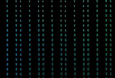 Finansal sembollü koyu mavi, yeşil vektör dokusu. Dolar, USD, beyaz şablondaki ABD işaretleri. Piyasa reklamları, krediler için şablon.