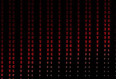 EUR, USD, GBP, JPY ile koyu kırmızı vektör şablonu. Parlak renkli çizimler, dolar, USD, ABD işaretleri. Ekonomi ve zenginlik reklamınız için akıllıca bir tasarım..