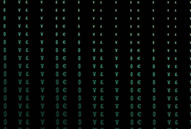 EUR, USD, GBP, JPY ile koyu yeşil vektör şablonu. Renkli dijital sembollü soyut illüstrasyon. Kalıp, reklam, broşür ve banka broşürleri için kullanılabilir.