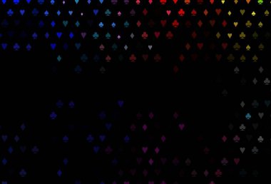 Koyu renkli, iskambil kağıtlı Gökkuşağı vektör dokusu. Kalplerin, maça, sinek ve elmasların işaretleriyle renkli bir değişim. Reklam, poster ve kumar siteleri için tasarım.