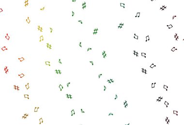 Açık Çokrenkli, müzik notalı Gökkuşağı vektör arkaplanı. Soyut tarzda dekoratif tasarım ve müzik şekilleri. Okul ilanı, kitapçıklar için şablon.
