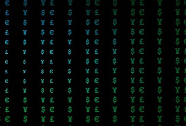 Koyu mavi, yeşil vektör kapağı EUR, USD, GBP, JPY ile. Doların sembolleriyle bulanık tasarım, USD, ABD. Kalıp, reklam, broşür ve banka broşürleri için kullanılabilir.