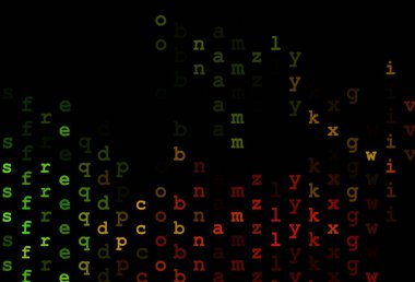 Koyu yeşil, Latin alfabesiyle kırmızı vektör düzeni. Soyut şablon üzerinde ABC sembolleriyle parlayan illüstrasyon. Şablon tipografi reklamları için bir arkaplan olarak kullanılabilir.