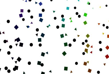 Işık çokrenkli, gökkuşağı vektör düzeni daireler, çizgiler, dikdörtgenler. Küreler, kareler ve çizgilerle soyut çizimler. Reklamlar için desen.