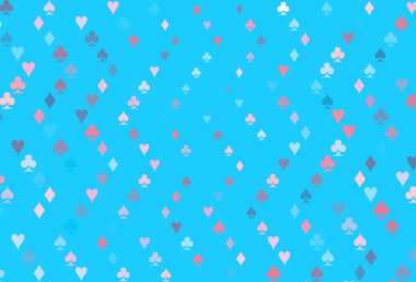 Açık mavi, poker sembollü kırmızı vektör şablonu. Kalplerin, maça, sinek ve elmasların işaretleriyle renkli bir değişim. Poker oyunları ve etkinlikler broşürleri için desen.