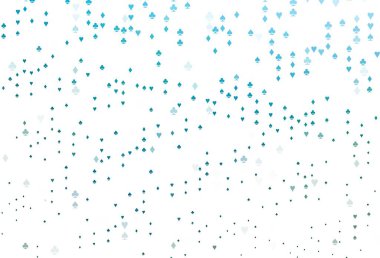 Açık mavi, iskambil kağıtlı yeşil vektör dokusu. Oyun kartlarının izole sembollerine sahip soyut çizimler. Vegas 'ta parti ilanları, etkinlikler.