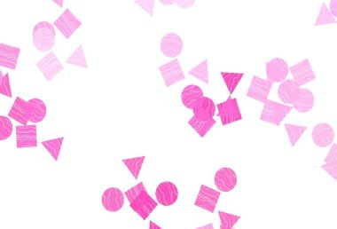 Daireler, çizgiler, dikdörtgenler olan açık pembe vektör düzeni. Renkli daireler, üçgenler, kareler çizilmiş bir resim. Duvar kağıtları için şablon.