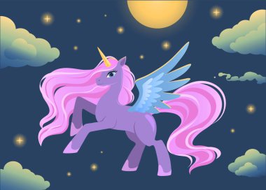 Gece gökyüzünde pembe yeleli büyülü tek boynuzlu at pegasusu.