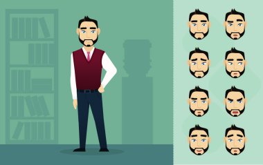 Genç adam yüz ifadesi. Yakışıklı çocuk emoji yüz simgeleri, farklı duyguları olan erkek avatarlar.