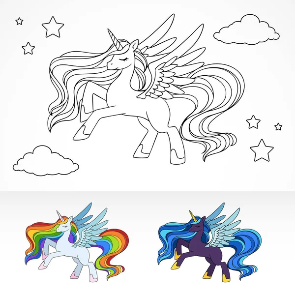 神奇的彩色书 仙人马座独角兽在夜空中飞翔 以彩绘方案为例 — 图库矢量图片