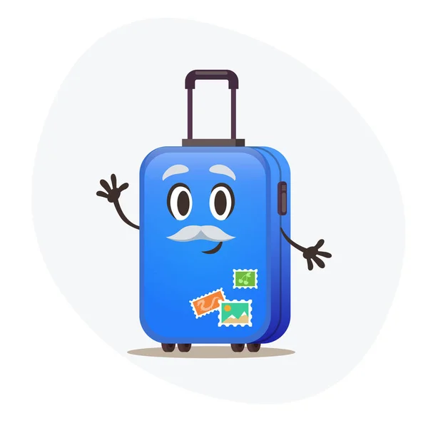 Big blue suitcase on wheels and postmarks on plastic corpus waitng vacation. — Stock Vector