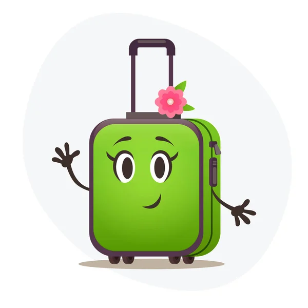 带轮子的中绿色塑料行李箱，带伸缩手柄，等待度假。大旅行袋. — 图库矢量图片