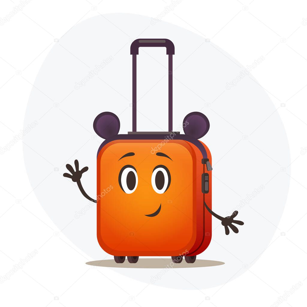Handle orange plastic suitcase on wheels and with telescopic handle waitng vacation.