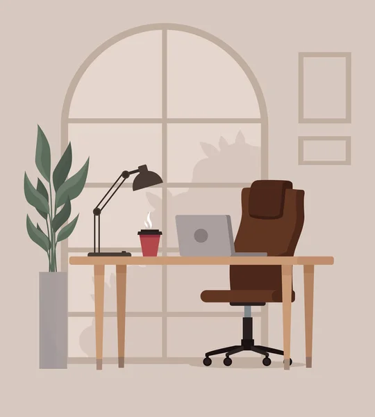 Home workplace. Loft office work space with big window and plant. Coworking space concept — Stock Vector